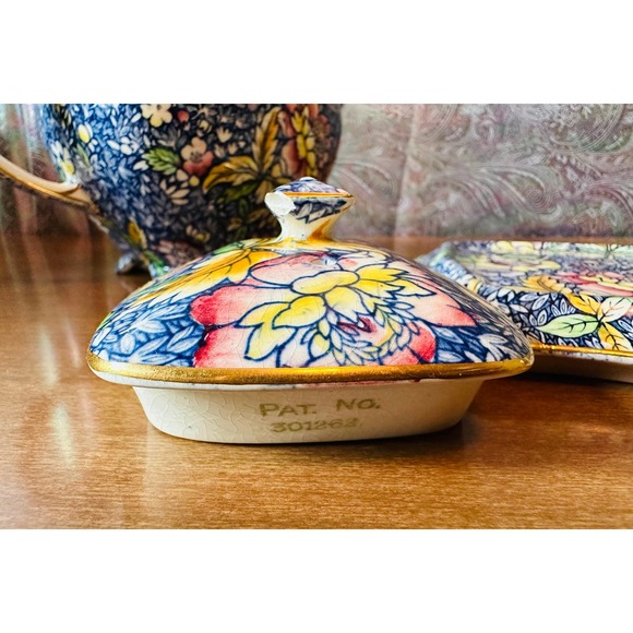 Rare Royal Winton chintz blue Anemone teapot with matching plate/display stand - Picture 3 of 10